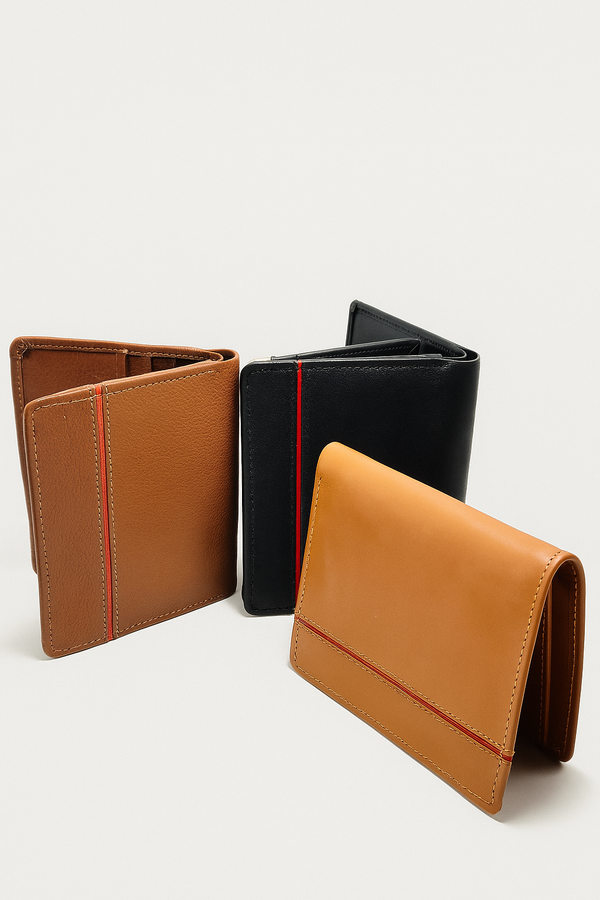 Classic Leather Bi-Fold Wallet with Red Stitch Detail